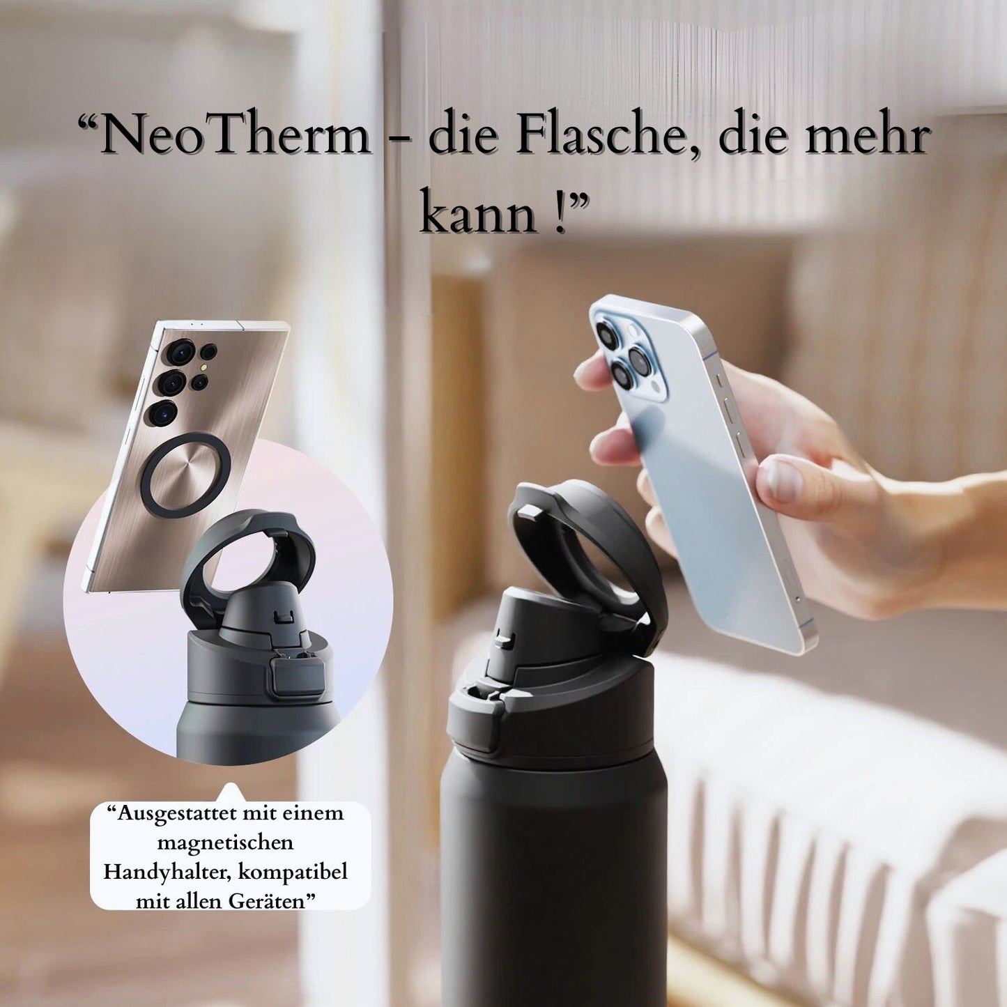 NeoTherm - deine innovative Edelstahl Thermoflasche mit magnetischer Handyhalterung 💯